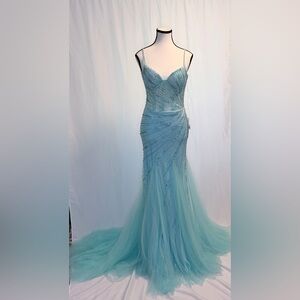 NWT Jovani 37201A Light Turquoise Prom Pageant Gown Size 6 Beaded Corset Tulle